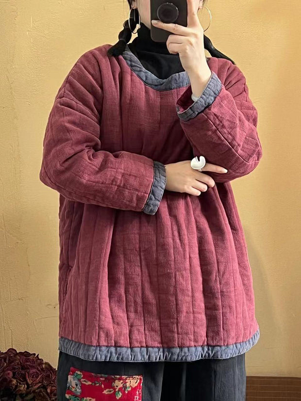 Women Retro Solid Spliced Linen Cotton Coat