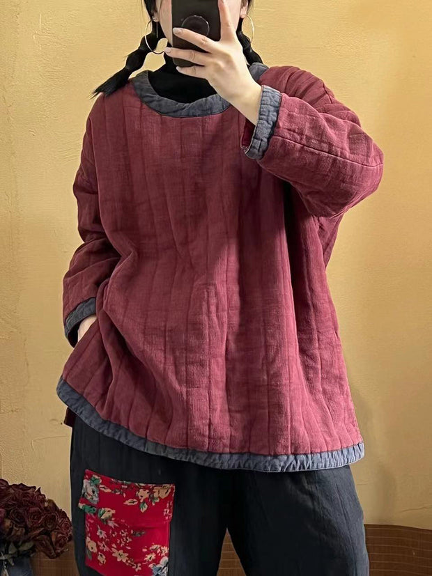 Women Retro Solid Spliced Linen Cotton Coat