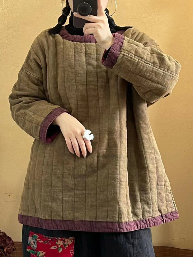 Women Retro Solid Spliced Linen Cotton Coat