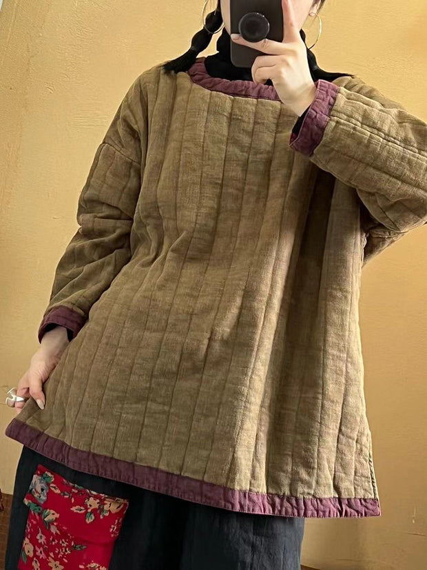 Women Retro Solid Spliced Linen Cotton Coat
