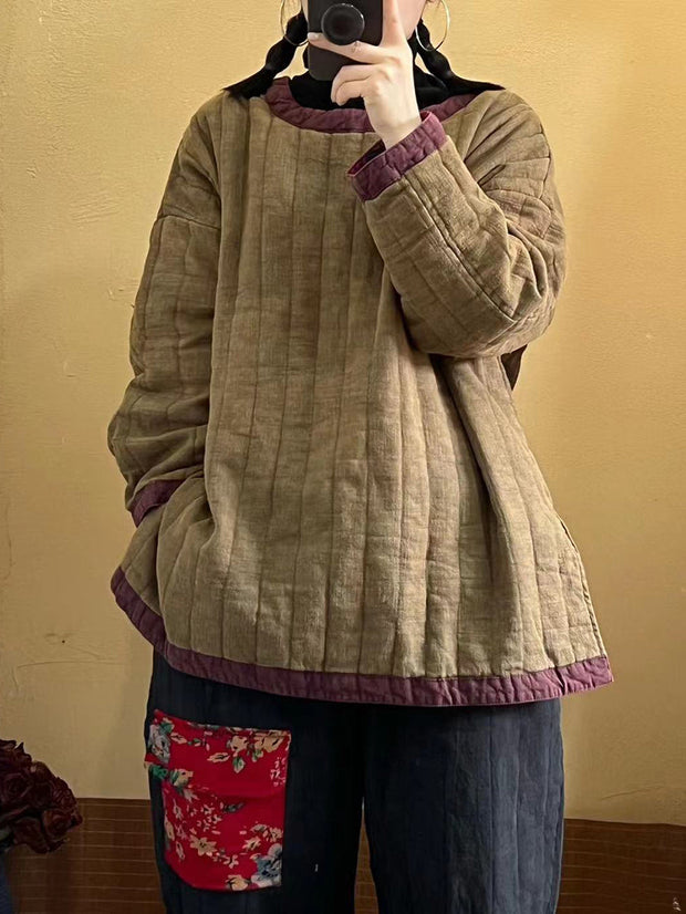 Women Retro Solid Spliced Linen Cotton Coat