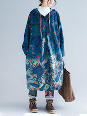 Langer Denim-Mantel mit Kapuze von Artsy Leaf mit graduellem Print für Damen