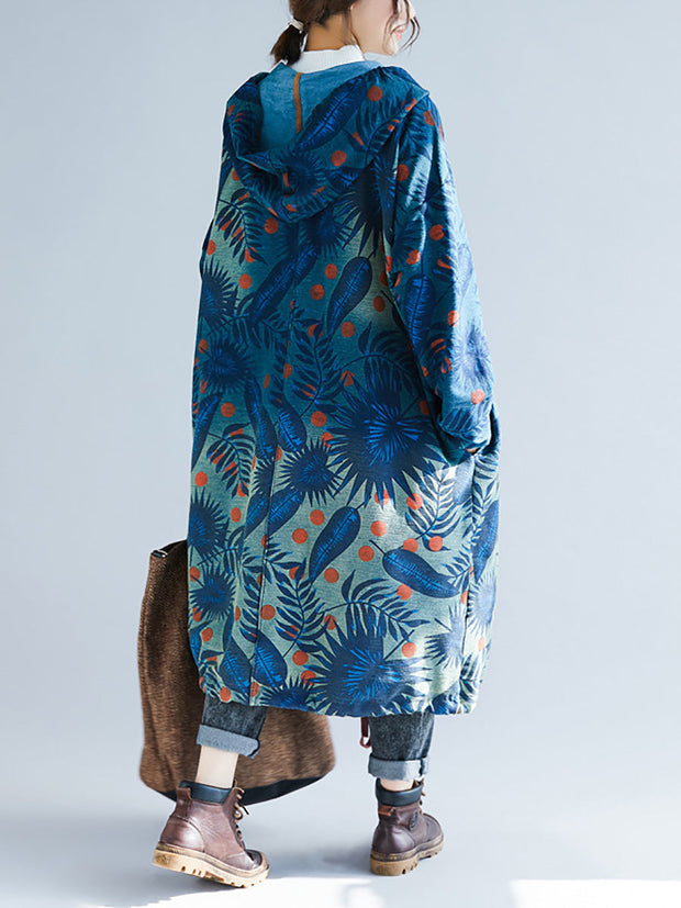 Women Artsy Leaf Gradual Print Denim Hooded Long Coat
