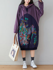 Women Retro Flower Print Colorblock Hooded Sweatshirt