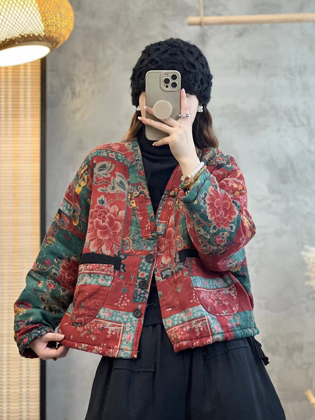 Women Ethnic Flower V-Neck Thicken Coat