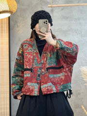 Women Ethnic Flower V-Neck Thicken Coat