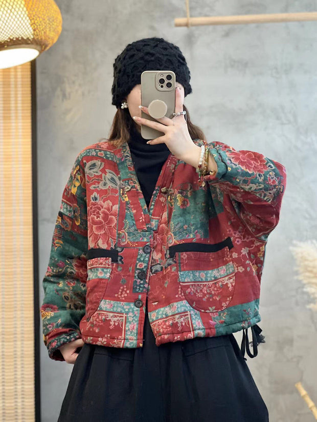 Women Ethnic Flower V-Neck Thicken Coat