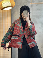 Women Ethnic Flower V-Neck Thicken Coat