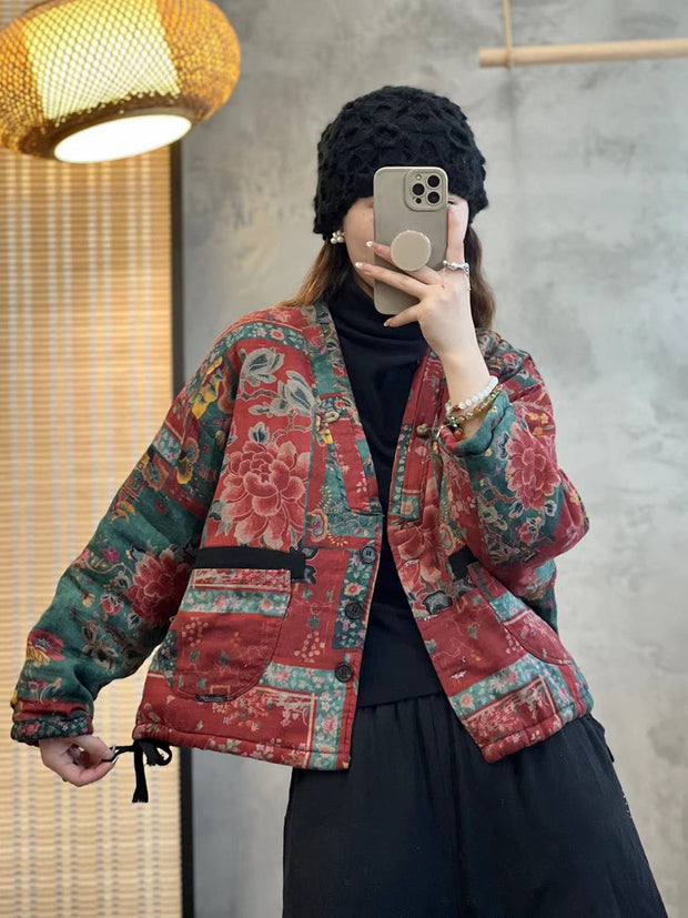 Women Ethnic Flower V-Neck Thicken Coat