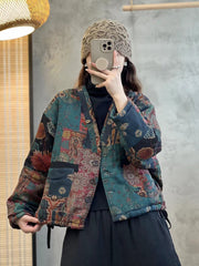 Women Ethnic Flower V-Neck Thicken Coat