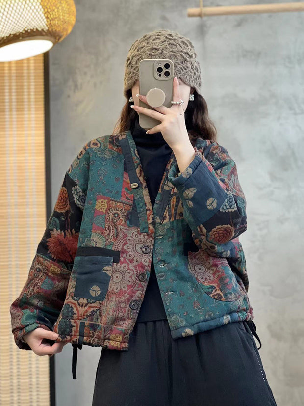 Women Ethnic Flower V-Neck Thicken Coat