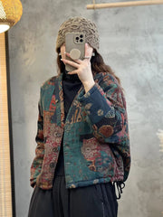 Women Ethnic Flower V-Neck Thicken Coat