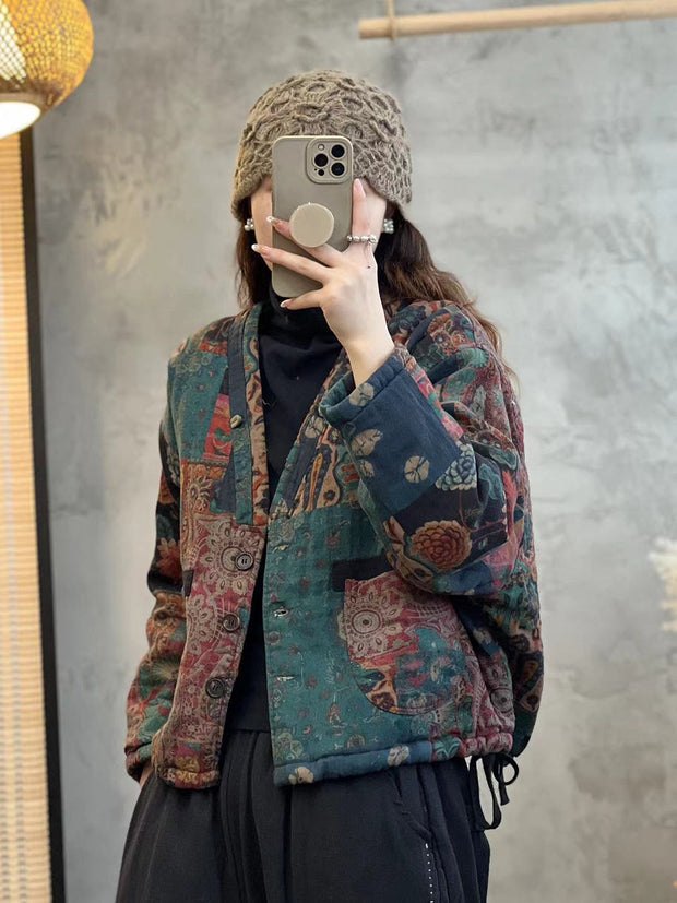 Women Ethnic Flower V-Neck Thicken Coat