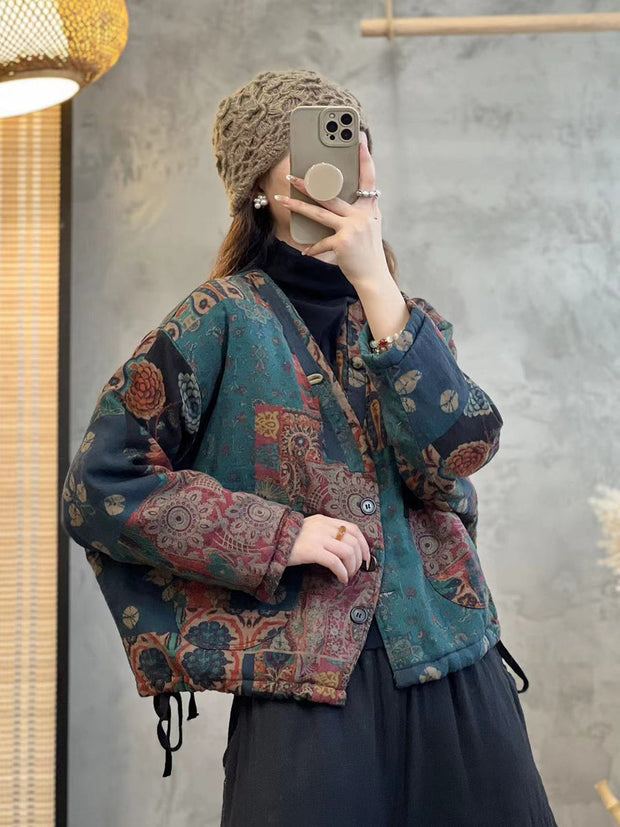 Women Ethnic Flower V-Neck Thicken Coat