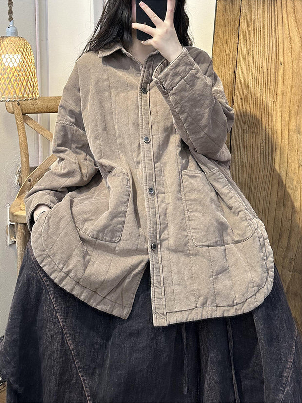 Women Retro Solid Corduroy Pocket Shirt Coat