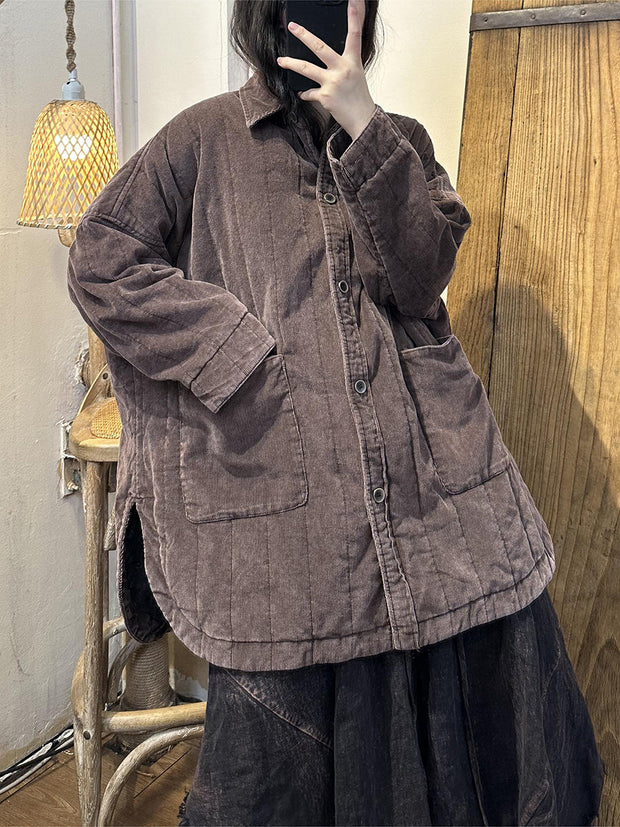 Women Retro Solid Corduroy Pocket Shirt Coat