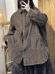 Women Retro Solid Corduroy Pocket Shirt Coat