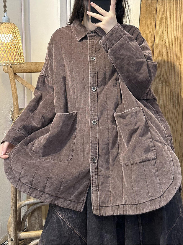 Women Retro Solid Corduroy Pocket Shirt Coat