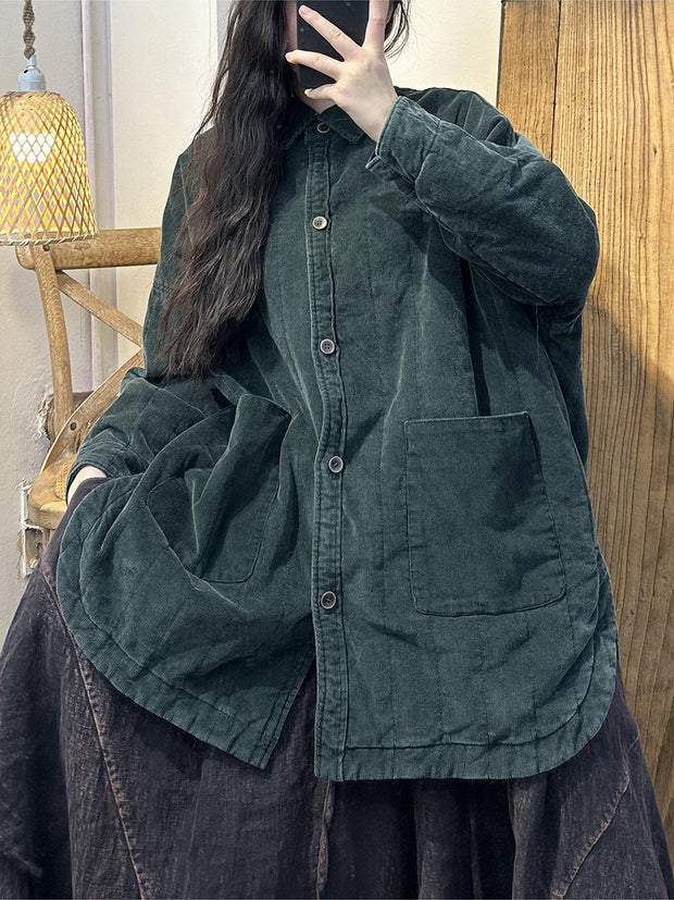 Women Retro Solid Corduroy Pocket Shirt Coat