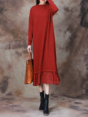 Women Elegant Solid Lace Hem Knitted Dress
