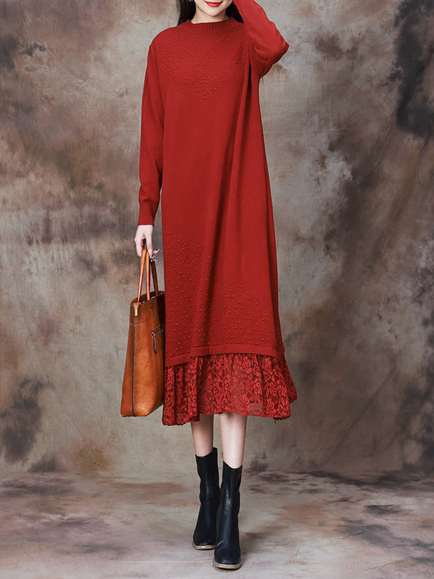 Women Elegant Solid Lace Hem Knitted Dress