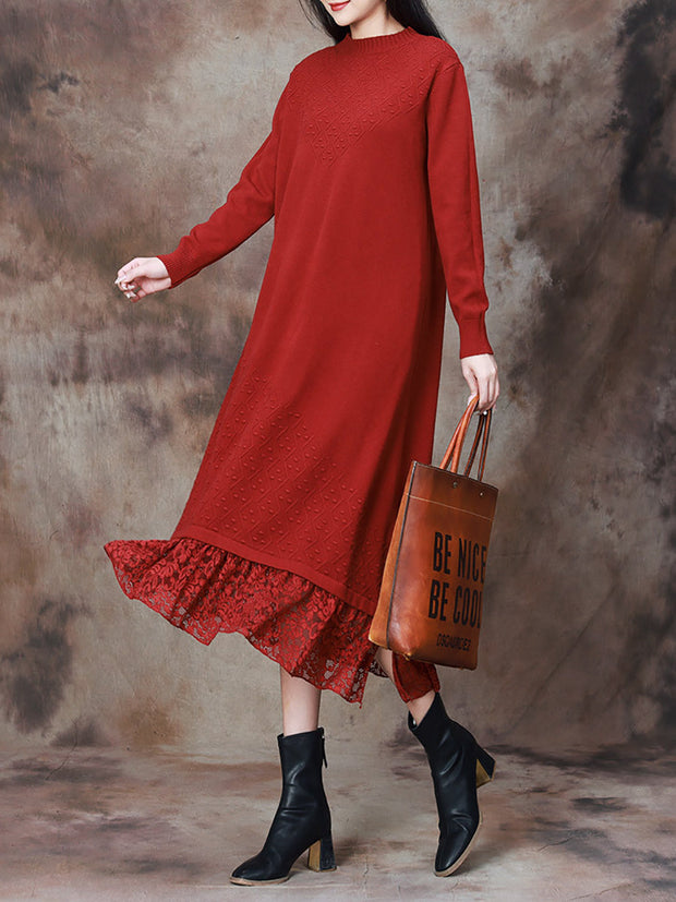 Women Elegant Solid Lace Hem Knitted Dress