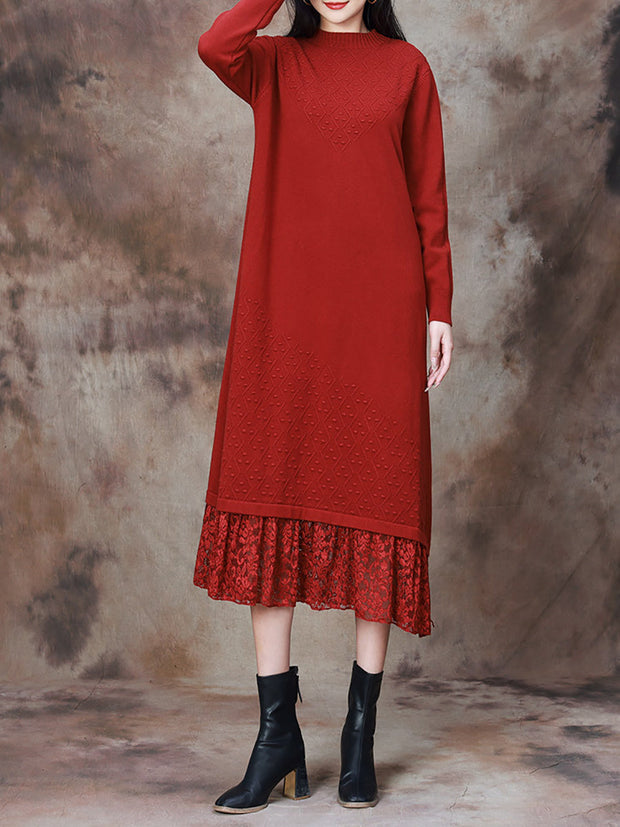 Women Elegant Solid Lace Hem Knitted Dress