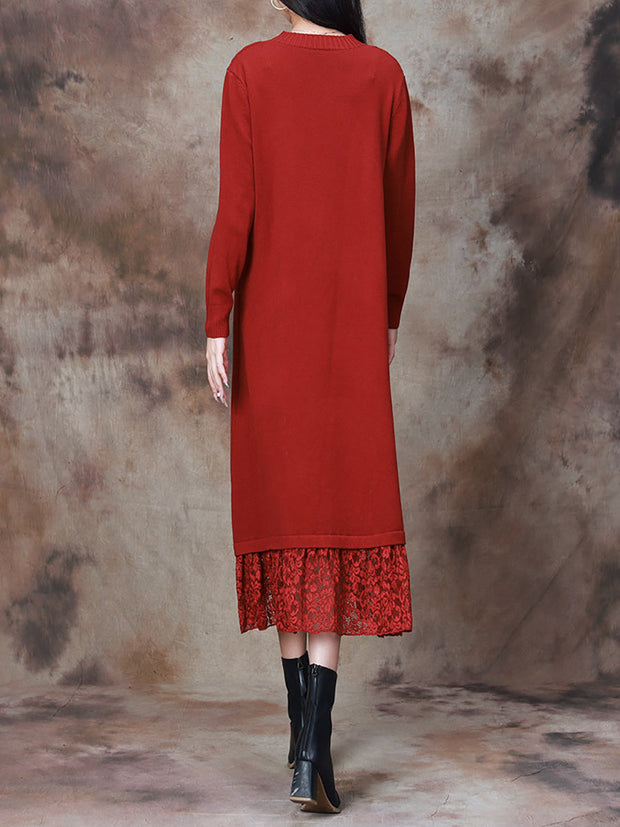 Women Elegant Solid Lace Hem Knitted Dress
