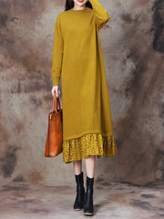 Women Elegant Solid Lace Hem Knitted Dress