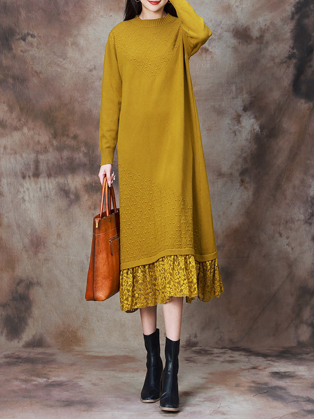 Women Elegant Solid Lace Hem Knitted Dress