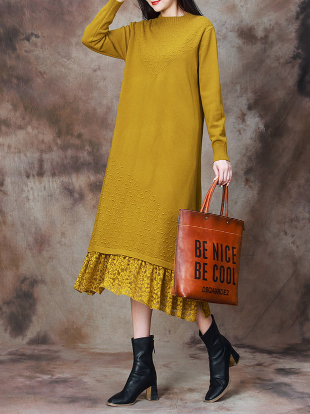 Women Elegant Solid Lace Hem Knitted Dress