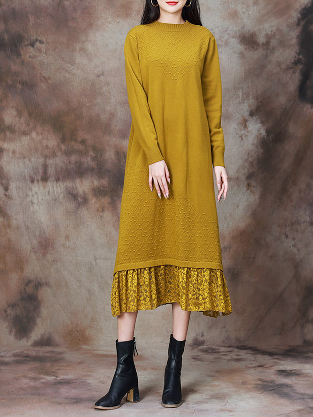 Women Elegant Solid Lace Hem Knitted Dress