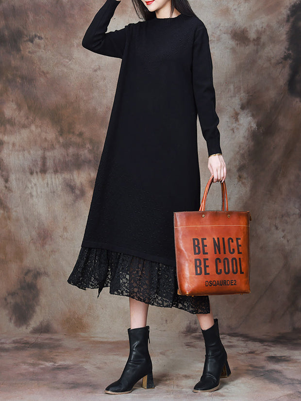 Women Elegant Solid Lace Hem Knitted Dress
