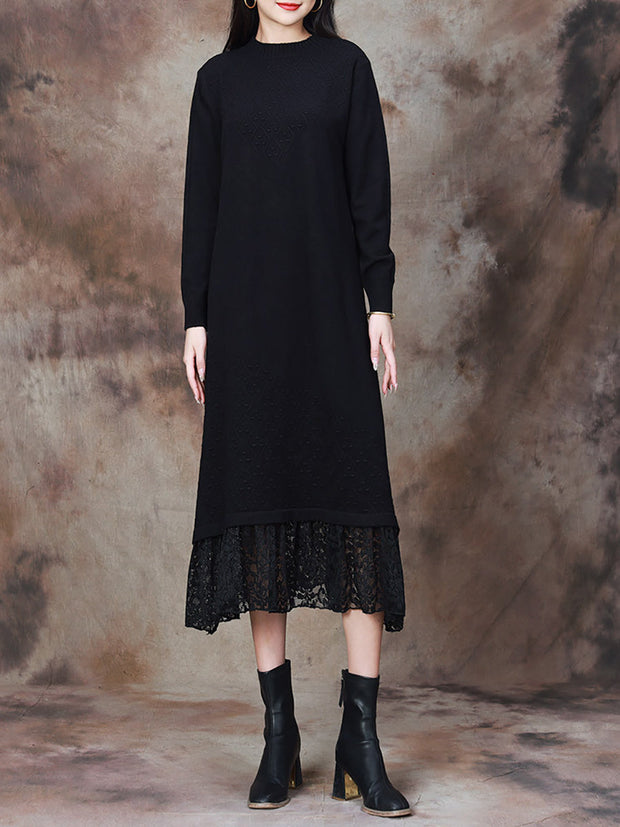 Women Elegant Solid Lace Hem Knitted Dress