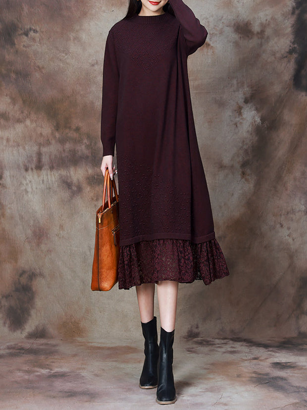 Women Elegant Solid Lace Hem Knitted Dress