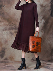 Women Elegant Solid Lace Hem Knitted Dress