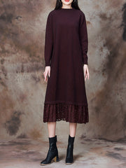 Women Elegant Solid Lace Hem Knitted Dress