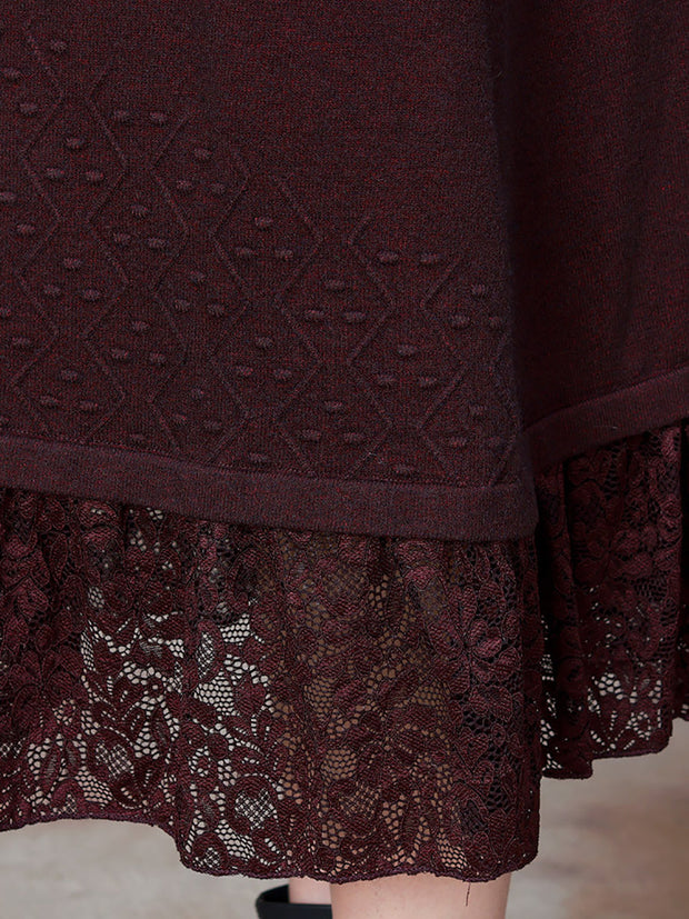 Women Elegant Solid Lace Hem Knitted Dress