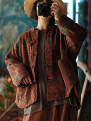 Women Ethnic Flower Stand Collar Cotton Coat