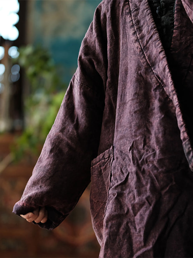 Women Worn Washed Ethnic Drawstring Linen Padded Coat