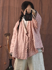Women Cute Ethnic Flower Pink Linen Padded Coat