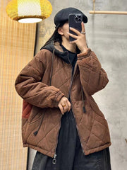 Women Winter Rhomboids Colorblock Cotton Hooded Coat