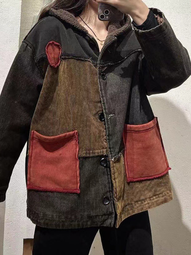 Women Vintage Patch Spliced Cotton Fleece-Lined Hooded Coat
