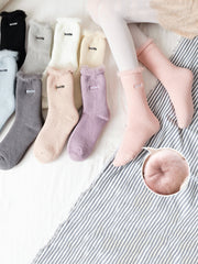 5 Pairs Women Winter Solid Cotton Fleece-lined Socks