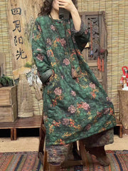 Women Winter Retro Flower Linen Padded Long Dress Coat
