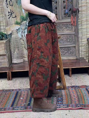 Women Vintage Floral Winter Linen Padded Pants