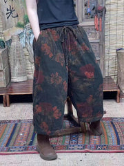 Women Vintage Floral Winter Linen Padded Pants