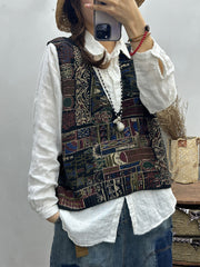Women Vintage Print Knitted V-Neck Vest