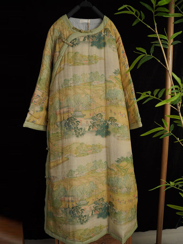 Women Ethnic Print O-Neck Ramie Spring Dress