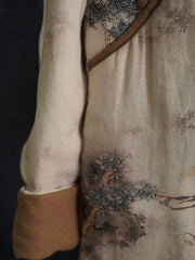 Women Retro Print Winter Linen Slant-Closure Dress
